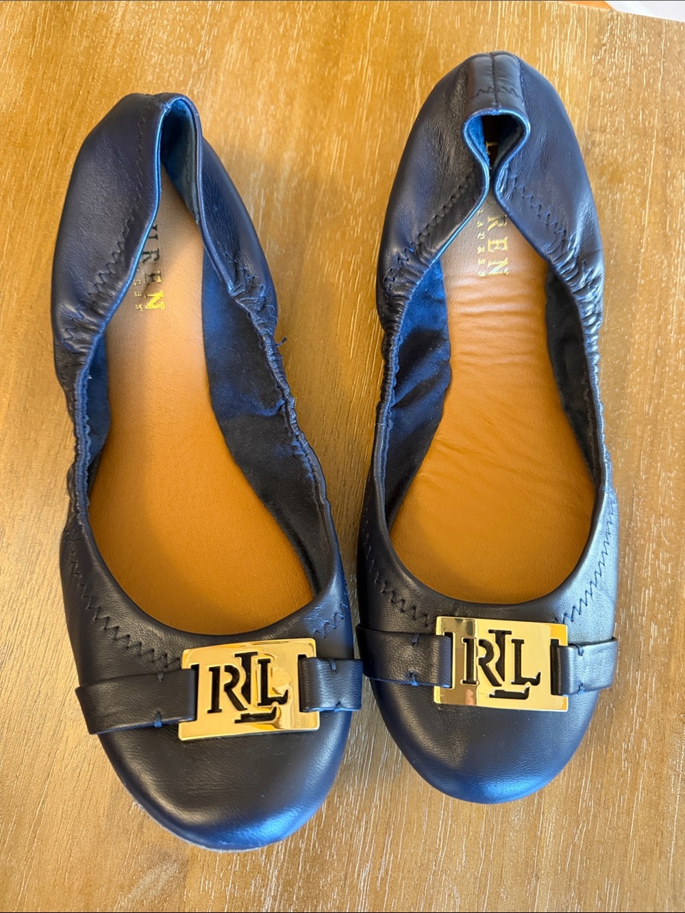 Ralph Lauren Navy Leather Ballet Flats with Gold RLL Accent